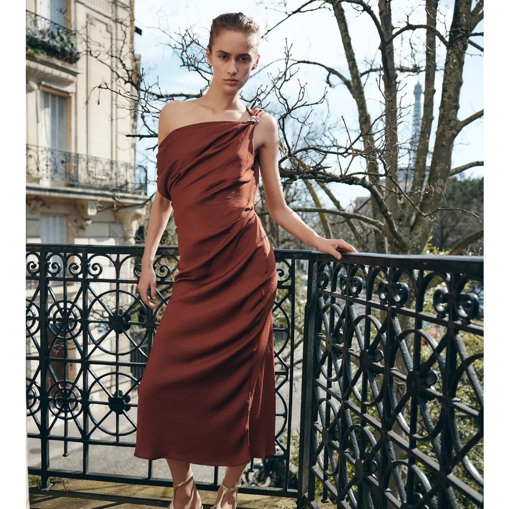 Zara One-Shoulder Rust Dress